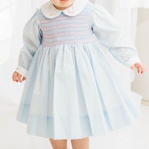24m Blue Smocked Dress with Embroidered Collar